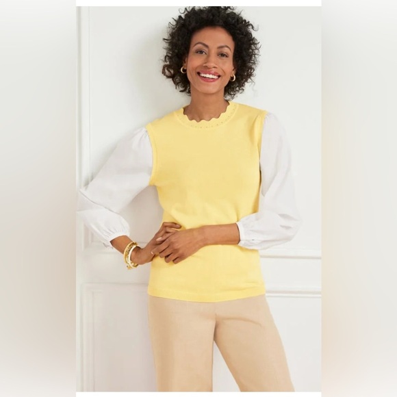 NWT Talbots Women’s Woven Sleeve Pullover in Daisy Yellow with Scalloped Collar - Picture 1 of 8